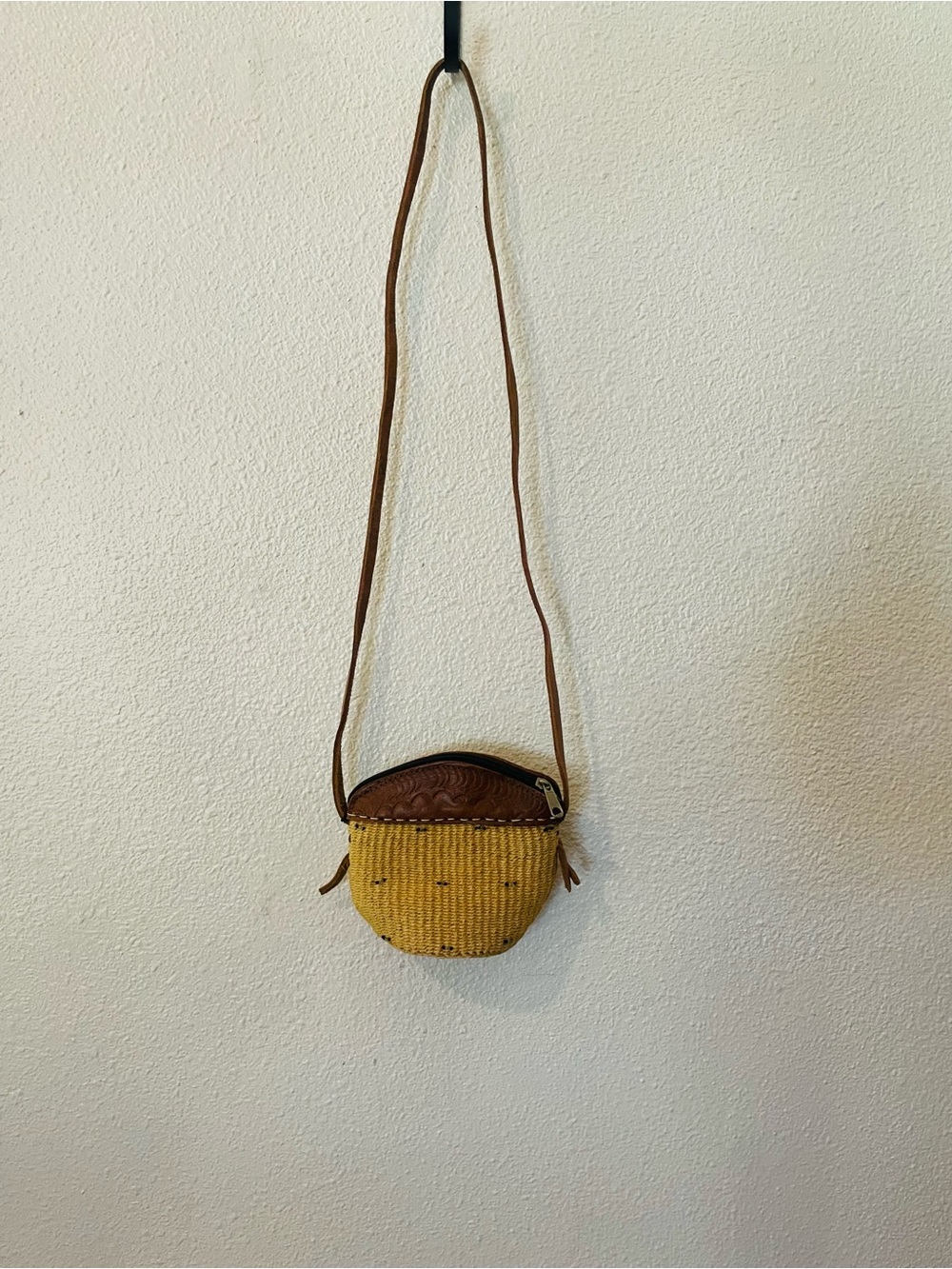 Woven Straw Crossbody Bag with Brown Leather Trim Boho Festival Concert Mini